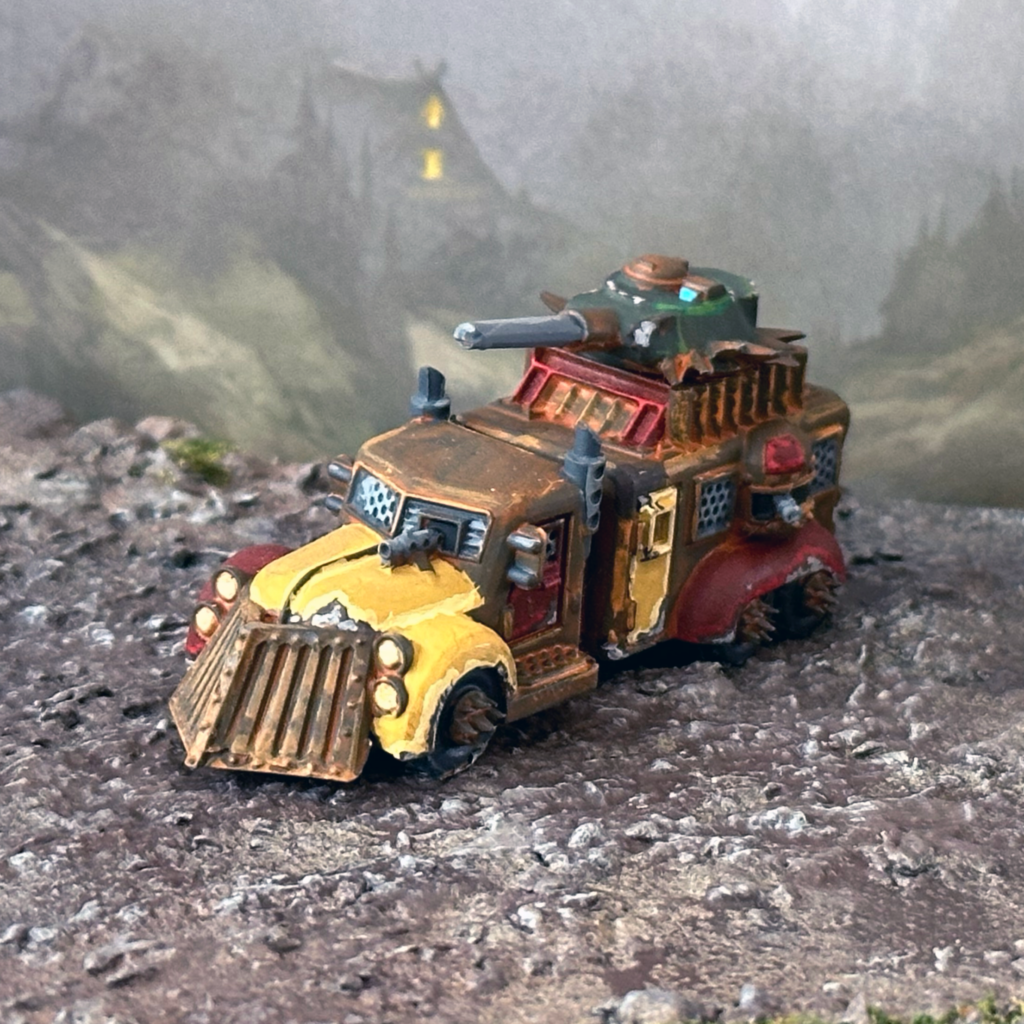 The reave murderbus. an armoured truck with a plow, sponsons and heavy turret